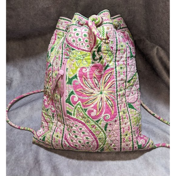 Vera Bradley Handbags - Vera Bradley Pink And Green Drawstring Quilted Backpack